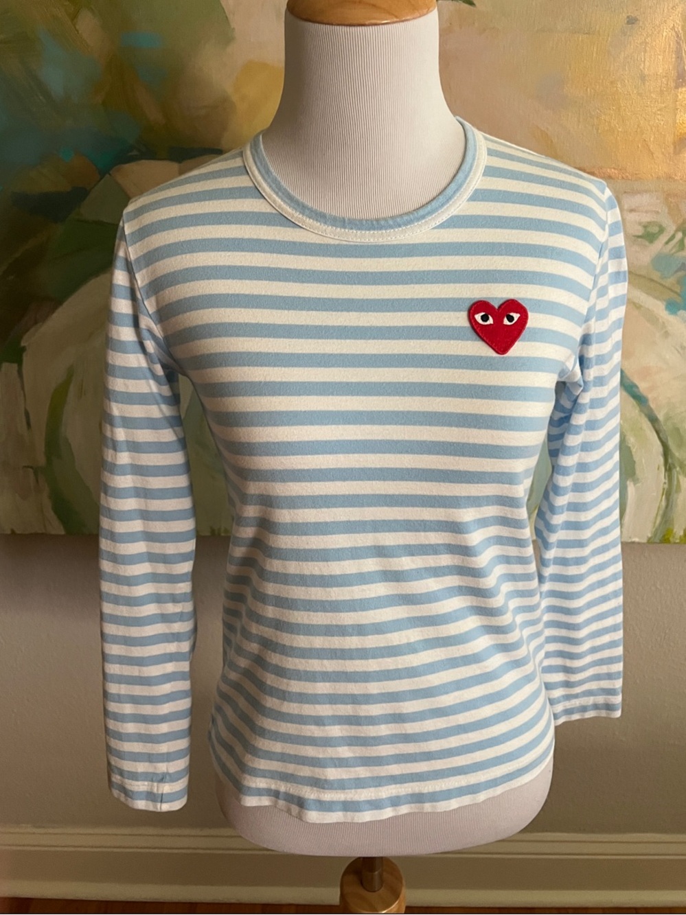 Comme des Garçons PLAY Light Blue & White Striped Long-Sleeve Tee small